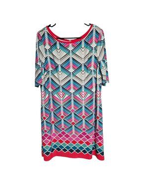 Eliza J Shift Dress Womens Size 16 Geometric Print Blue Pink White Back Zipper